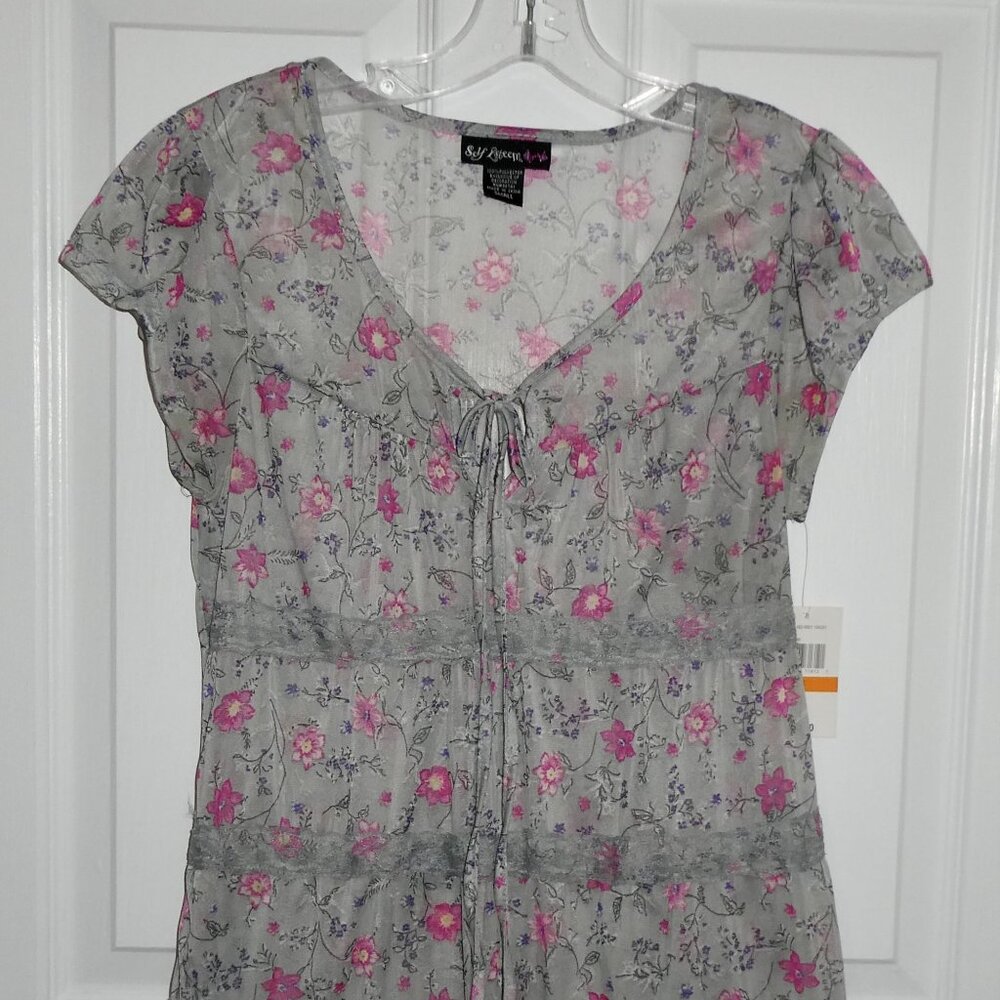 NEW SELF ESTEEM GRAY WITH PINK/YELLOW/PURPLE FLOWERS SS SHEER TOP LACE - JR S